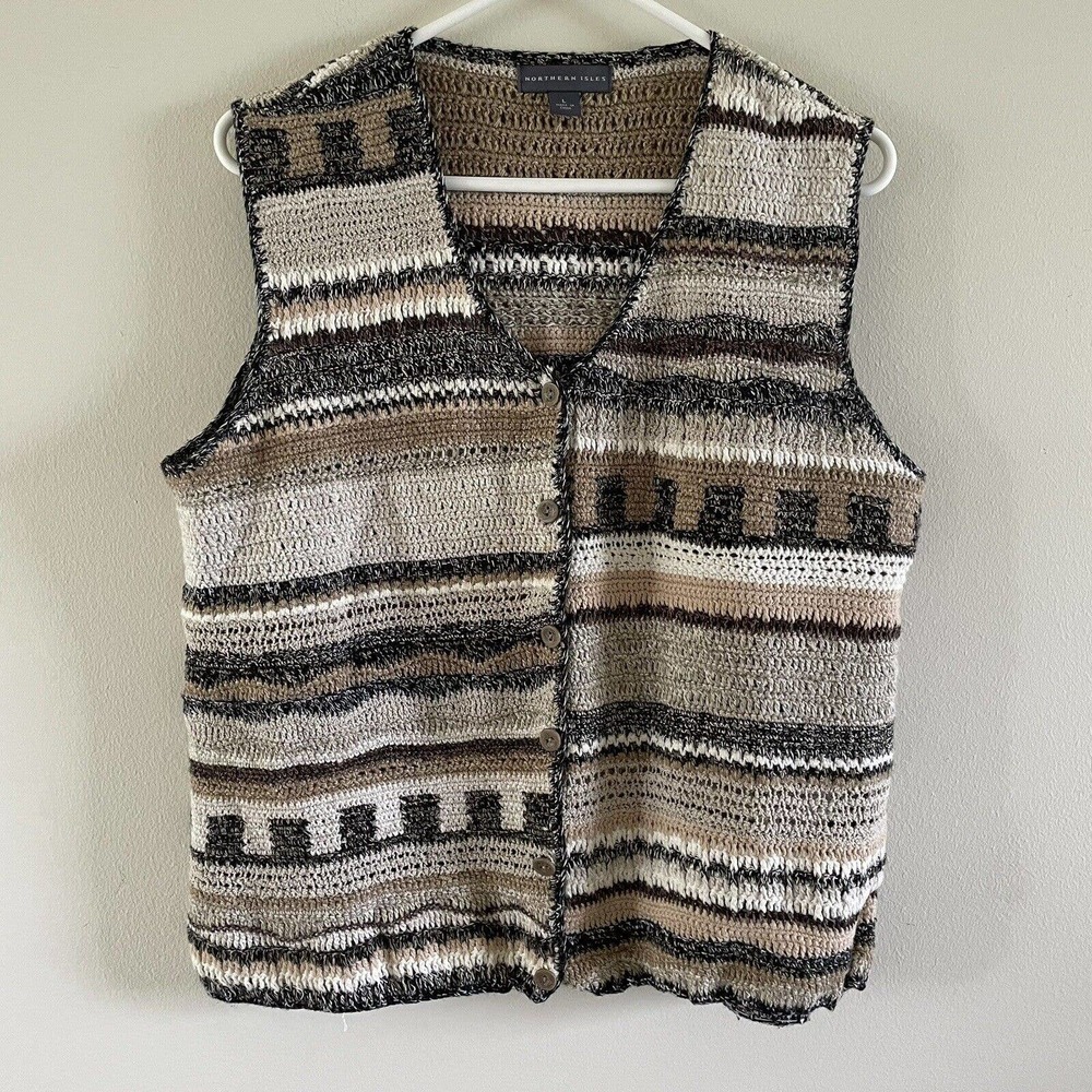 Northern Isles Sweater Vest Womens Large Neutral Black Tab Cream Button Front